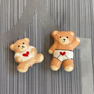 Vintage Ceramic Cute Teddy Bear Pins with Red Heart